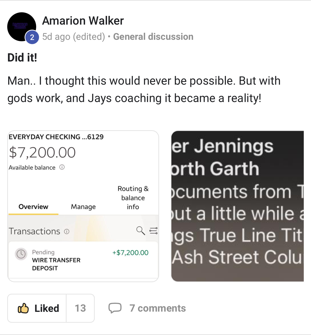 Amarion Walker: Did it — $7,200 wire deposit